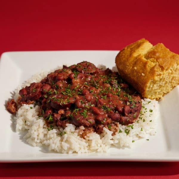 Red beans and rice with sliced sausage and parsley, served with a piece of cornbread.