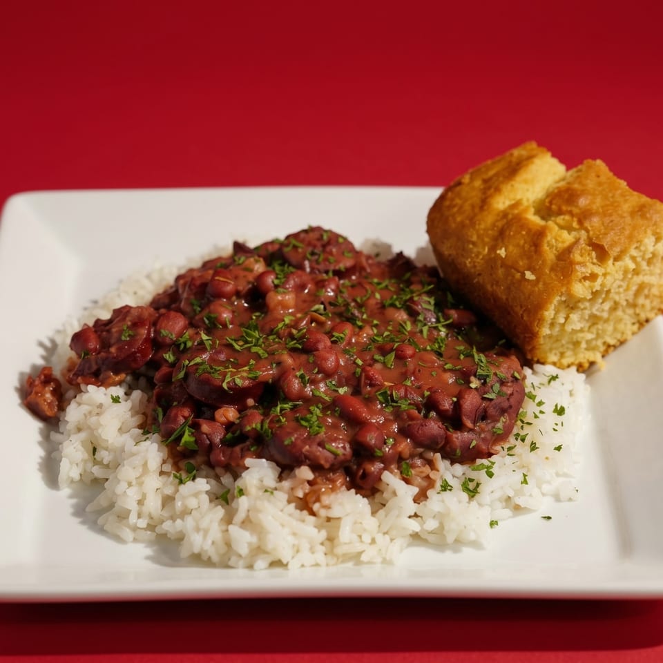 Red beans and rice with sliced sausage and parsley, served with a piece of cornbread.